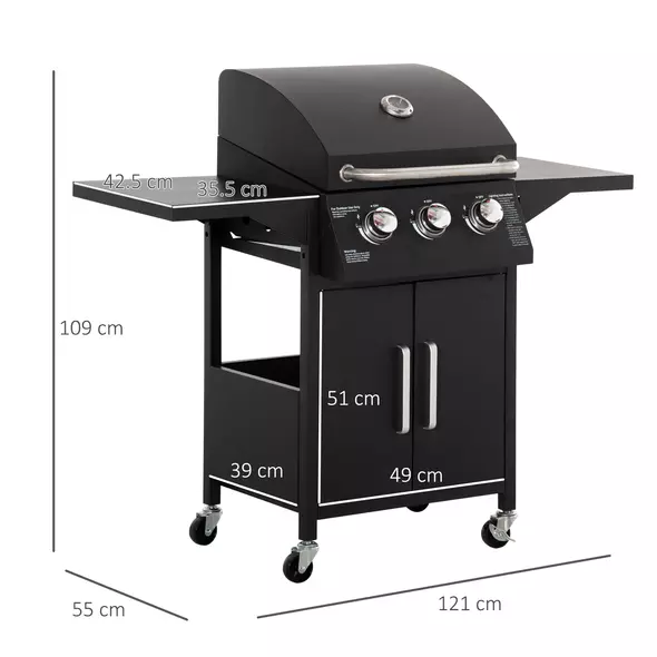 Outsunny 3 Burner Gas BBQ Grill Outdoor Portable Barbecue Trolley w/ Warming Rack, Side Shelves, Storage Cabinet, Thermometer, Carbon Steel, Black - 3