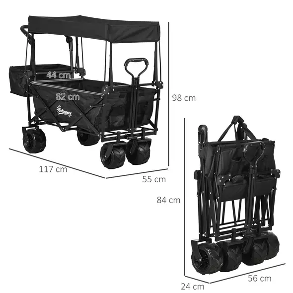 Outsunny Folding Trolley Cart Storage Wagon Beach Trailer 4 Wheels with Handle Overhead Canopy Cart Push Pull for Camping, Black - 3