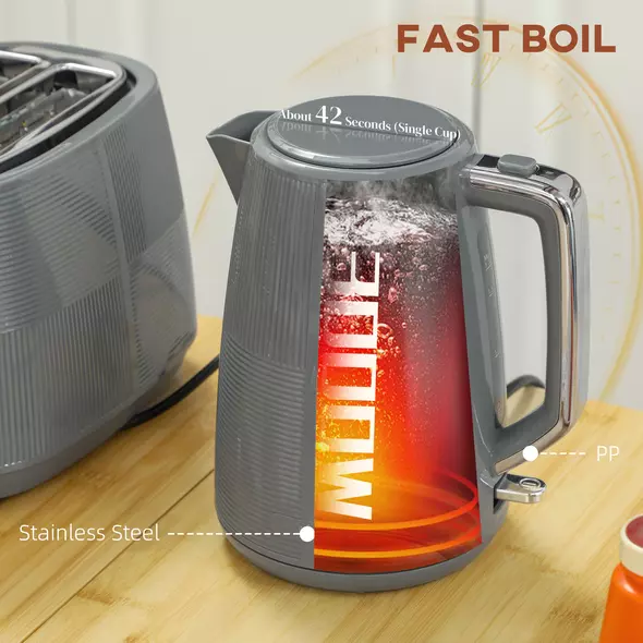 HOMCOM Kettle and Toaster Set, 1.7L 3000W Fast Boil Kettle & 2 Slice Toaster Kitchen Set with 7 Level Browning Controls, Defrost, Reheat, Boil-dry Protection, Grey - 4