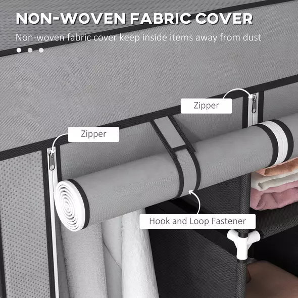 HOMCOM Fabric Wardrobe for Bedroom, Portable Wardrobe with 5 Shelves, 2 Hanging Rails and 3 Fabric Drawers, Foldable Closet, 125 x 43 x 162.5cm, Dark Grey - 5