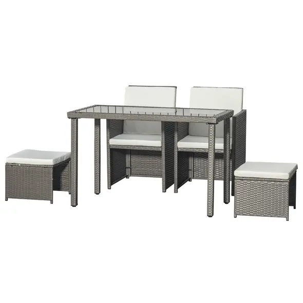 Outsunny 2 Seater Rattan Cube Garden Furniture Set, Rattan Dining Set with Cushions, Outdoor Dining Table and Chairs with 2 Armchairs, 2 Stools, Rectangular Glass Top Table for Patio, Balcony, Grey - 7