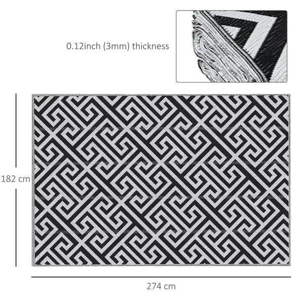 Outsunny 182 x 274 cm(6x9ft) Outdoor Rug Reversible Mat Plastic Straw Rug Portable RV Camping Mat for Garden Deck Picnic Indoor, Black & White - 3
