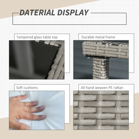 Outsunny 2 Seater Rattan Cube Garden Furniture Set, Rattan Dining Set with Cushions, Outdoor Dining Table and Chairs with 2 Armchairs, 2 Stools, Rectangular Glass Top Table for Patio, Balcony, Grey - 6