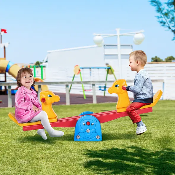 HOMCOM Kids Seesaw Safe Teeter Totter 2 Seats with Easy-Grip Handles, Safe, Indoor Outdoor Living Room Playroom Backyard Equipment, for 1-4 years old Multicolor - 1