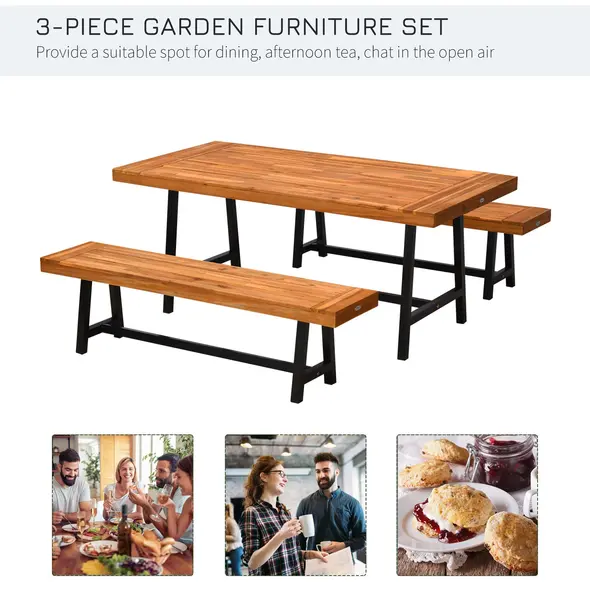 Outsunny Garden 3 Pieces Acacia Wood Picnic Table and 2 Benches Set Dining Trestle Beer Table Patio Outdoor Indoor Furniture - 4