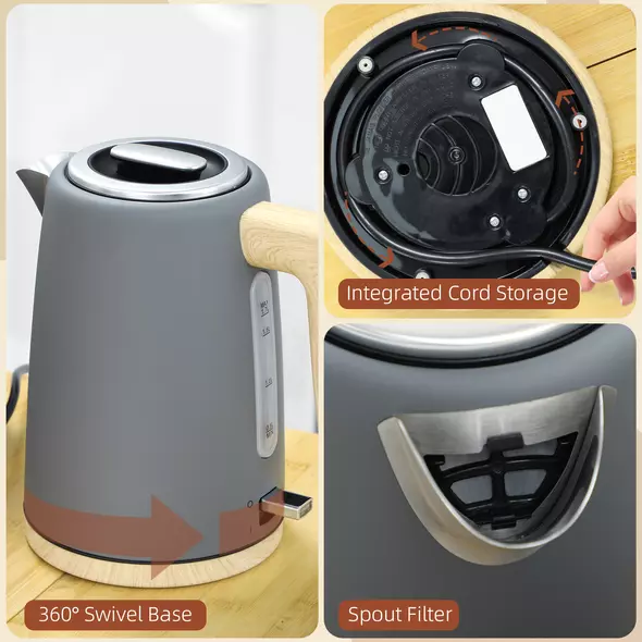 HOMCOM Stainless Steel Kettle and Toaster Set, 1.7L 3000W Fast Boil Kettle & 2 Slice Toaster Kitchen Set with 7 Level Browning Controls, Defrost, Reheat, Auto Off, Boil-dry Protection, Grey - 9