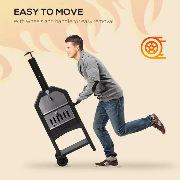 Outsunny Outdoor Garden Pizza Oven Charcoal BBQ Grill 3-Tier Freestanding w/ Chimney, Mesh Shelf, Thermometer Handles, Wheels Garden Party Gathering Stainless Steel Cooker - 4