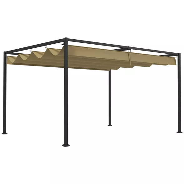 Outsunny 4 x 3(m) Metal Pergola with Retractable Roof, Garden Gazebo Canopy Shelter for Outdoor, Patio, Khaki - 1