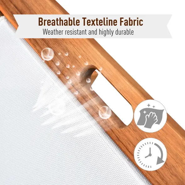 Outsunny Outdoor Acacia Wood Texteline Beach Sun Lounger Garden Patio Sunbed Recliner Chaise Adjustable Backrest with Wheels - 4