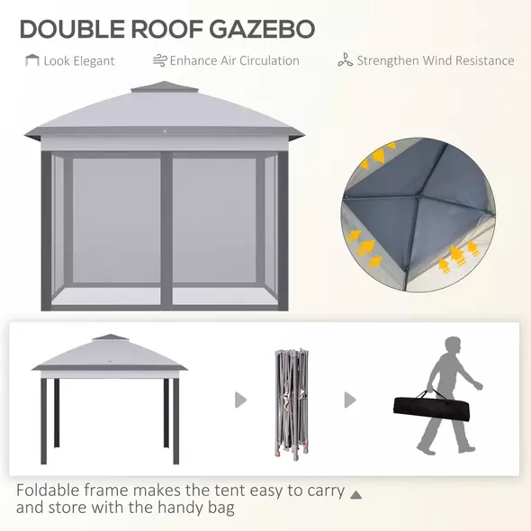 Outsunny 3.3 x 3.3m Pop Up Gazebo, Double Roof Foldable Canopy Tent with Zipped Mesh Sidewalls, Height Adjustable and Carrying Bag, Event Tent for Patio Garden, Grey - 4