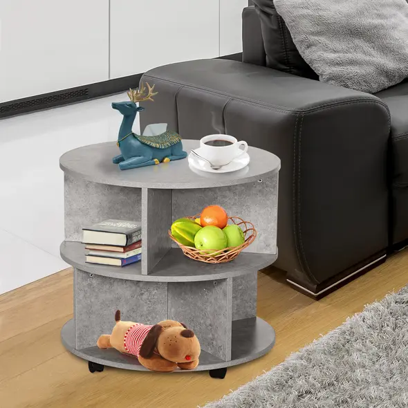 HOMCOM Round Coffee Table with Wheels, 3-Tier Rolling Side Table for Living Room with Divided Shelves, Cement Colour - 7