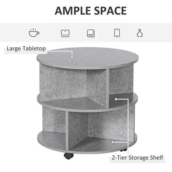 HOMCOM Round Coffee Table with Wheels, 3-Tier Rolling Side Table for Living Room with Divided Shelves, Cement Colour - 3