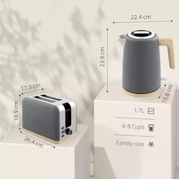 HOMCOM Stainless Steel Kettle and Toaster Set, 1.7L 3000W Fast Boil Kettle & 2 Slice Toaster Kitchen Set with 7 Level Browning Controls, Defrost, Reheat, Auto Off, Boil-dry Protection, Grey - 3