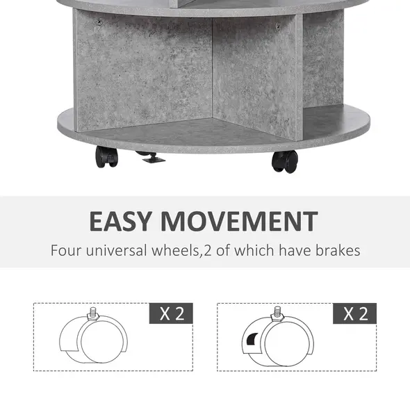 HOMCOM Round Coffee Table with Wheels, 3-Tier Rolling Side Table for Living Room with Divided Shelves, Cement Colour - 5
