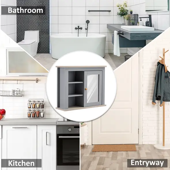 kleankin Bathroom Wall Mirror Cabinet, Cupboard with Door, Storage Cabinet with Adjustable Shelf for Corridors Living Rooms, Grey - 7