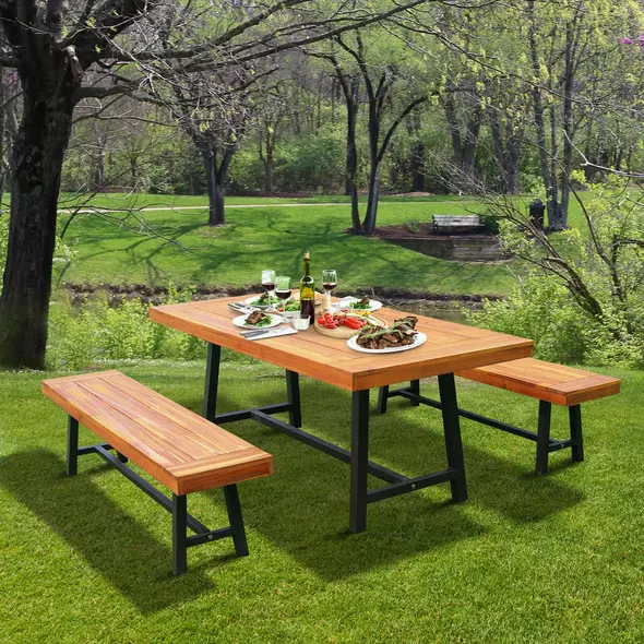 Outsunny Garden 3 Pieces Acacia Wood Picnic Table and 2 Benches Set Dining Trestle Beer Table Patio Outdoor Indoor Furniture - 6