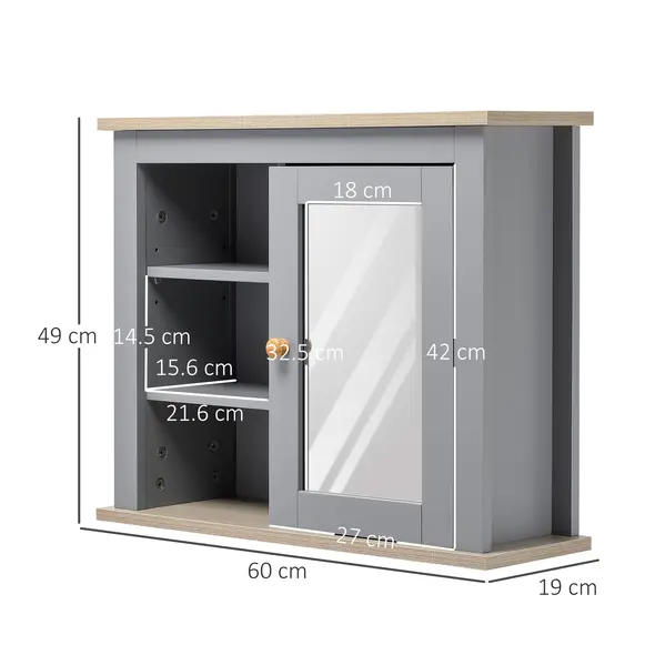 kleankin Bathroom Wall Mirror Cabinet, Cupboard with Door, Storage Cabinet with Adjustable Shelf for Corridors Living Rooms, Grey - 2