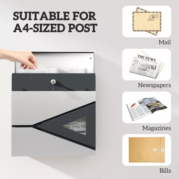 HOMCOM Wall Mounted Post Box with Viewing Window, 2 Lock, Modern Galvanised Steel Mailbox with Copper Core, Weatherproof Letterbox for Outdoor Use, Easy to Install, Silver - 8