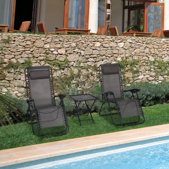 Outsunny 3pcs Folding Zero Gravity Chairs Sun Lounger Table Set w/ Cup Holders Reclining Garden Yard Pool, Dark Grey - 2