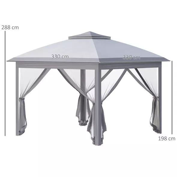 Outsunny 3.3 x 3.3m Pop Up Gazebo, Double Roof Foldable Canopy Tent with Zipped Mesh Sidewalls, Height Adjustable and Carrying Bag, Event Tent for Patio Garden, Grey - 3