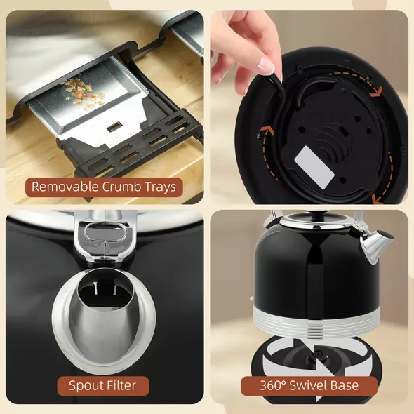 HOMCOM Polished Stainless Steel Kettle and Toaster Set - Black - 9