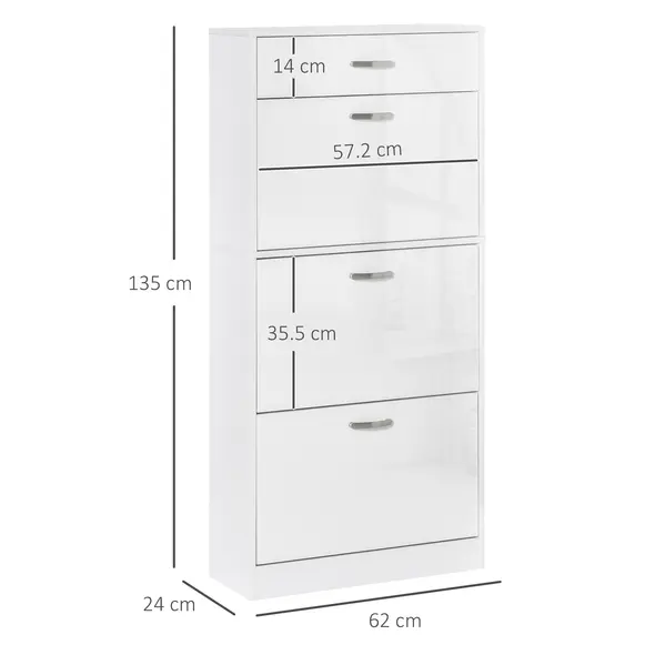 HOMCOM Shoe Cabinet with 3 Flip Drawers, High Gloss Shoe Storage Cabinet with Top Drawer and Adjustable Shelves, Shoe Cupboard for 18 Pairs, White - 2