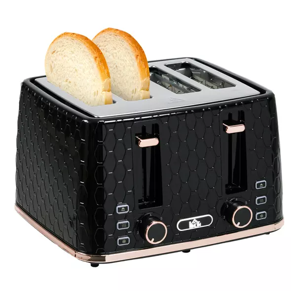 HOMCOM 4 Slice Toaster with 7 Browning Levels, High Lift, Reheat/Defrost/Cancel, Self-centring Function, Removable Crumb Tray, Auto Off, 1600W, Black Honeycomb Texture - 1