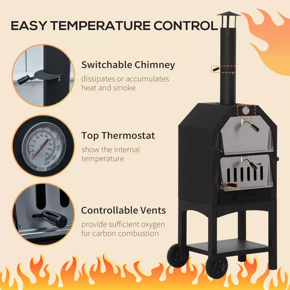 Outsunny Outdoor Garden Pizza Oven Charcoal BBQ Grill 3-Tier Freestanding w/ Chimney, Mesh Shelf, Thermometer Handles, Wheels Garden Party Gathering Stainless Steel Cooker - 5