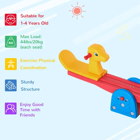 HOMCOM Kids Seesaw Safe Teeter Totter 2 Seats with Easy-Grip Handles, Safe, Indoor Outdoor Living Room Playroom Backyard Equipment, for 1-4 years old Multicolor - 4
