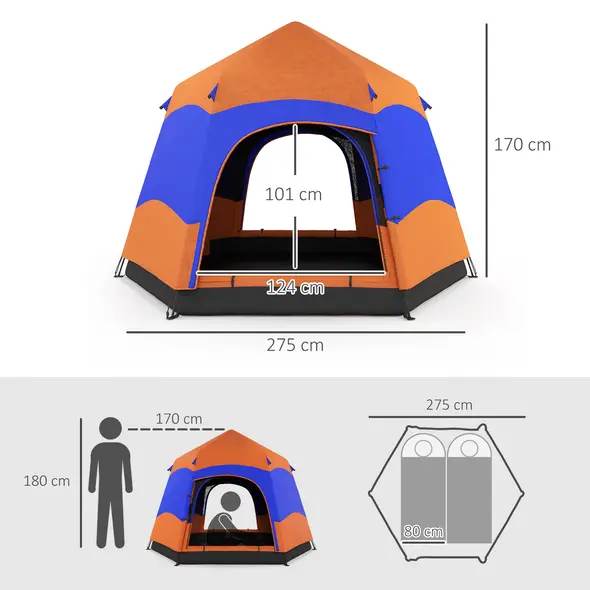 Outsunny Six Man Hexagon Camping Tent with Hang Hook and Carry Bag - Orange and Blue - 3