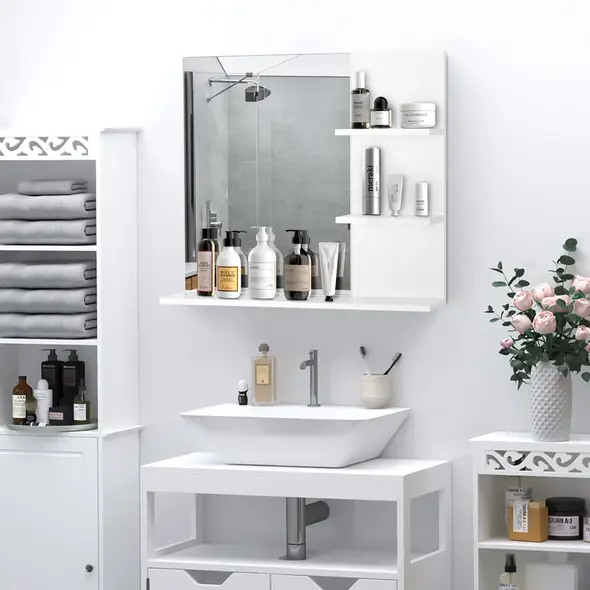 kleankin Modern Bathroom Mirror, Wall-mounted Vanity Mirror with 3 Tiers Storage Shelves for Make Up, White - 1