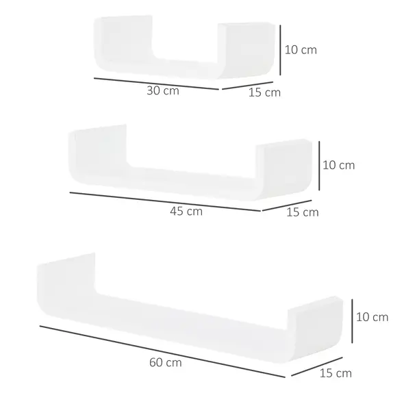 HOMCOM Floating Shelves, Set of 3 Wall Shelf, Shelves for Wall Invisible Mounting, Bedroom Living Room, White - 2