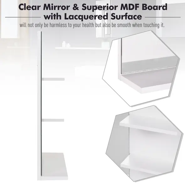 kleankin Modern Bathroom Mirror, Wall-mounted Vanity Mirror with 3 Tiers Storage Shelves for Make Up, White - 6