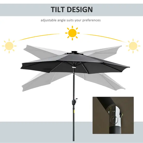 Outsunny 2.7m Garden Parasol Sun Umbrella w/ LED Solar Light Angled Canopy Grey - 4