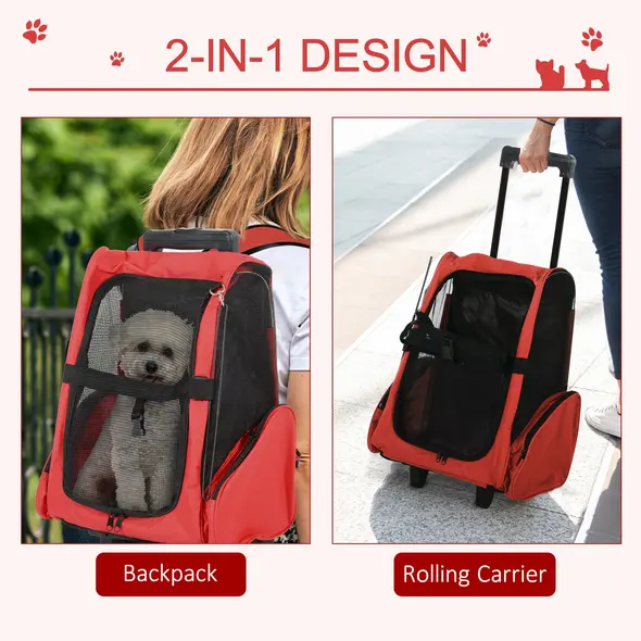 PawHut Pet Travel Backpack Bag Cat Puppy Dog Carrier w/ Trolley and Telescopic Handle Portable Stroller Wheel Luggage Bag (Red) - 3