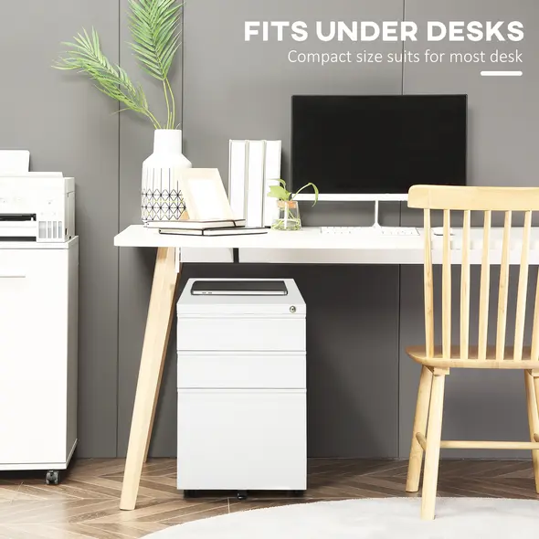 Vinsetto 3 Drawer Filling Cabinet, Mobile Metal File Cabinet with Anti-tilt Design for Letter, A4, Legal Size, White - 6