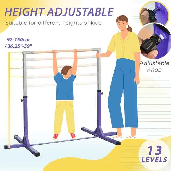 HOMCOM Steel Frame Adjustable Horizonal Gymnastics Bar For Kids Home Gym Training Purple - 3