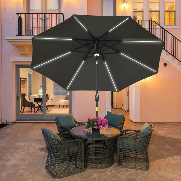 Outsunny 2.7m Garden Parasol Sun Umbrella w/ LED Solar Light Angled Canopy Grey - 1