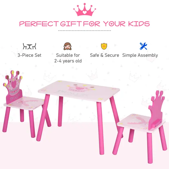 HOMCOM 3 Pcs Kids and Table Chair Set Princess & Crown Theme Home Furniture Pretty Gift 2-4 Years Pink - 5
