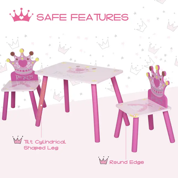 HOMCOM 3 Pcs Kids and Table Chair Set Princess & Crown Theme Home Furniture Pretty Gift 2-4 Years Pink - 3