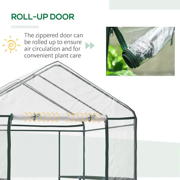 Outsunny Walk in Greenhouse with 3-Tier 8 Shelves, Green House with Hemmed Cover, Roll-up Zipped Door, Steel Frame, 143 x 143 x 195cm - 5