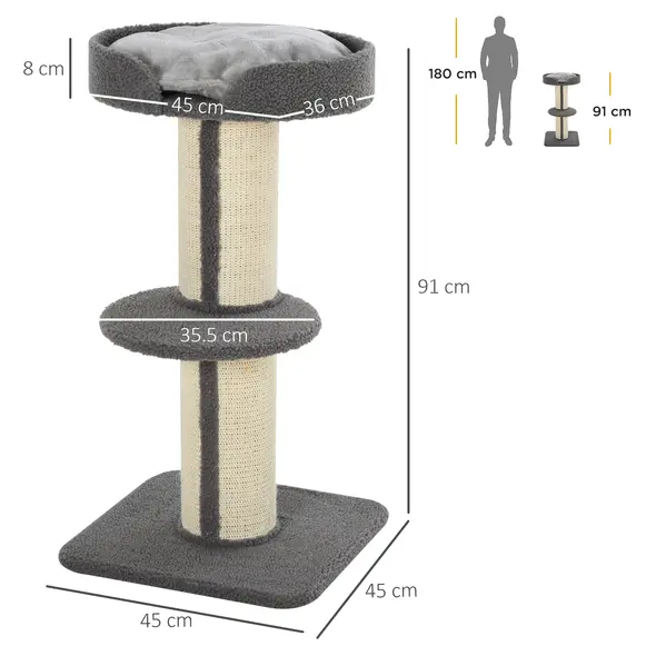 PawHut 91cm Cat Tree, Cat Tower with Scratching Post, Bed, Perch, Removable Cushion for Indoor Kittens, Grey - 2