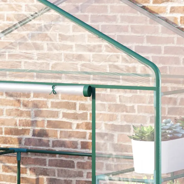 Outsunny Walk in Greenhouse with 4-Tier 8 Shelves, Green House with Hemmed Cover, Roll-up Zipped Door, Steel Frame, 143 x 73 x 195cm - 7