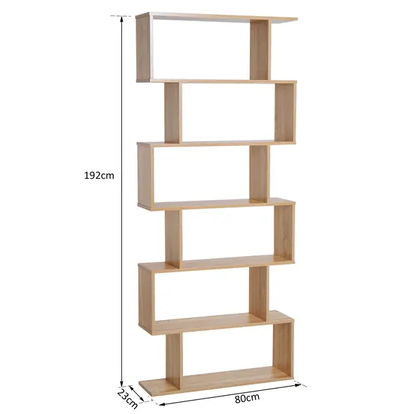 HOMCOM Bookcase, 6 Tier Shelf S Shaped Bookshelf, Storage Unit, Display Shelf for Living Room, Bedroom, Home Office, Plant, Oak - 2
