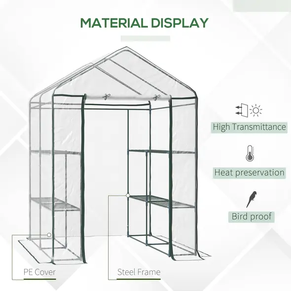 Outsunny Walk in Greenhouse with 3-Tier 8 Shelves, Green House with Hemmed Cover, Roll-up Zipped Door, Steel Frame, 143 x 143 x 195cm - 3
