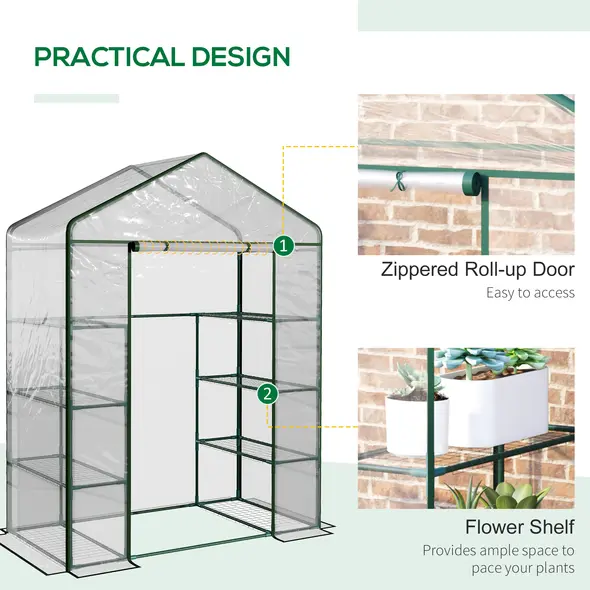 Outsunny Walk in Greenhouse with 4-Tier 8 Shelves, Green House with Hemmed Cover, Roll-up Zipped Door, Steel Frame, 143 x 73 x 195cm - 4