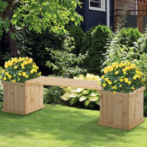 Outsunny 37L Wooden Garden Planter & Bench Combination Garden Raised Bed Patio Park Natural 176 x 38 x 40 cm - 1