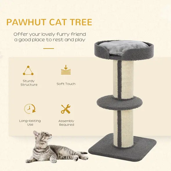 PawHut 91cm Cat Tree, Cat Tower with Scratching Post, Bed, Perch, Removable Cushion for Indoor Kittens, Grey - 3