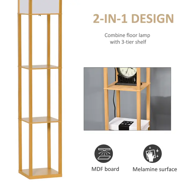 HOMCOM 3-Tier Floor Lamp, Floor Light with Storage Shelf, Reading Standing Lamp with Acrylic Shade for Living Room, Bedroom, Kitchen, Dining Room, Office, Dorm, 160cm, Natural - 3