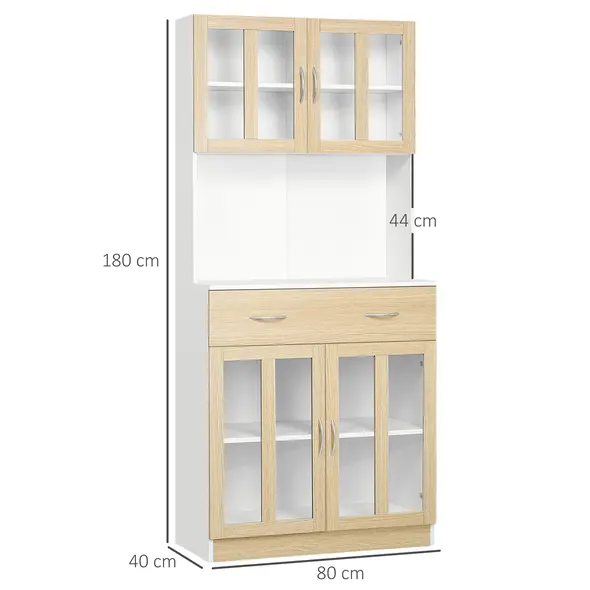 HOMCOM Modern Kitchen Cupboard, Freestanding Storage Cabinet Hutch with Central Drawer, 2 Glass Door Cabinets and Countertop, 180cm - 2